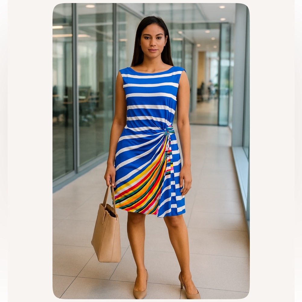 Tahari ASL Multicolor Striped Side Buckle Jersey Dress Women Plus Size 14